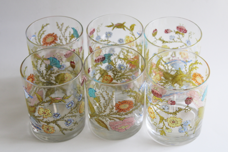 vintage Dorothy Thorpe double old fashioned glasses, wildflowers floral print lowball tumblers
