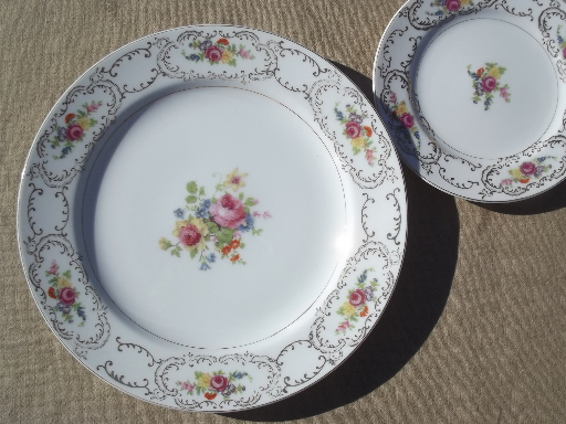 vintage Dresden floral hand-painted china dishes set w/ roses bouquet