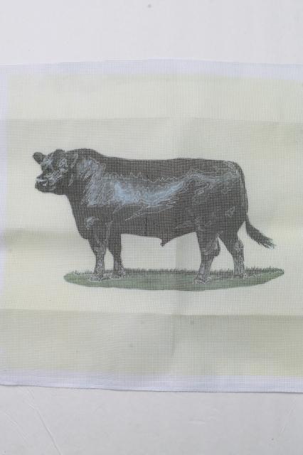 vintage Dritz needlepoint canvas kit, black angus bull farm animal cattle breed portrait