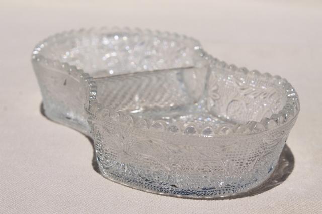 vintage Duncan & Miller sandwich pattern pressed glass relish tray, two part divided dish