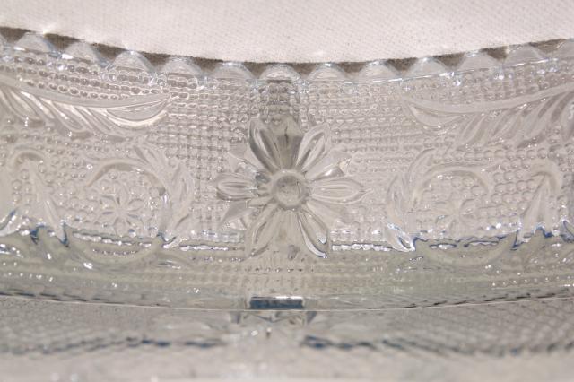 vintage Duncan & Miller sandwich pattern pressed glass relish tray, two part divided dish
