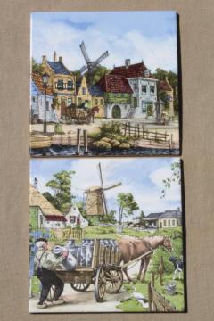 vintage Dutch pottery tiles w/ scenes of old Holland, farmer w/ milk cans
