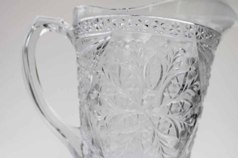 vintage EAPG Indiana glass pitcher, flower rosette with pinwheels pattern 