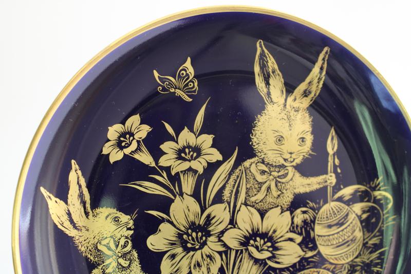 vintage Easter 1975 china plate, cobalt blue w/ gold bunnies & eggs Western Germany
