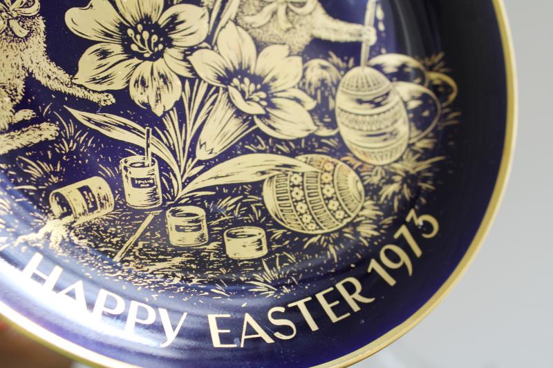vintage Easter 1975 china plate, cobalt blue w/ gold bunnies & eggs Western Germany