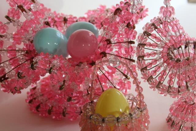 vintage Easter baskets, pink plastic beaded safety pin basket collection