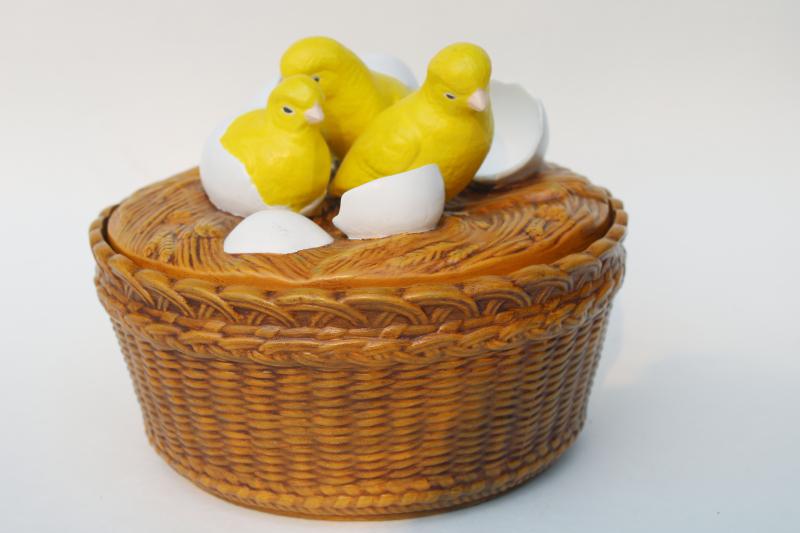 vintage Easter dish w/ just hatched baby chicks, handmade painted ceramic box w/ lid