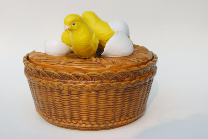vintage Easter dish w/ just hatched baby chicks, handmade painted ceramic box w/ lid