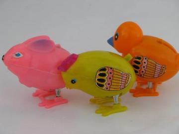 vintage Easter toys, Hong Kong hard plastic hopping chick, duck, bunny