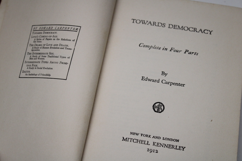 vintage Edward Carpenter titles Towards Democracy, Towards Industrial Freedom blue  red covers