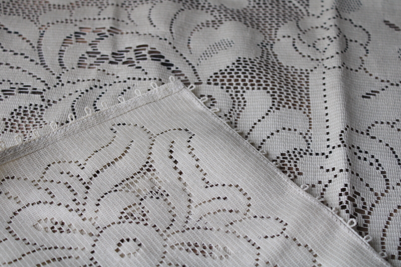 vintage Empress Hortense tag cotton lace tablecloth, deep flax tan color square