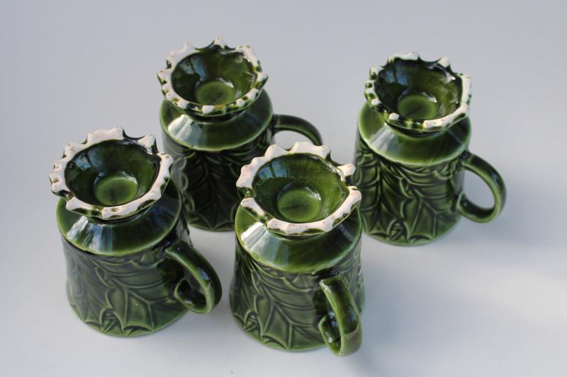 vintage Enesco Japan ceramic Christmas mugs, holly & poinsettia green & red