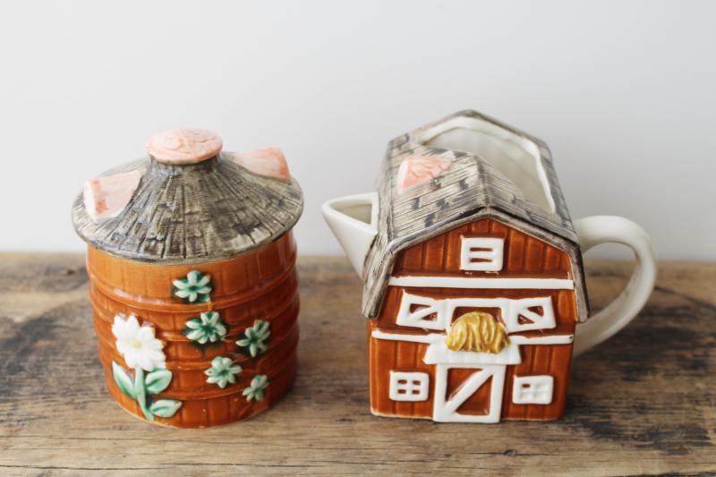 vintage Enesco Japan ceramic Gentleman Farmer barn and silo cream & sugar set