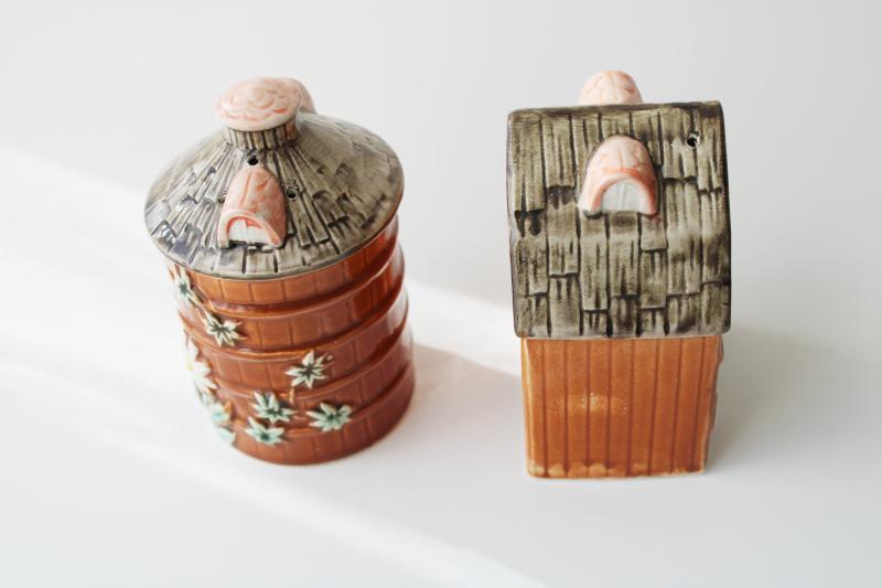 vintage Enesco Japan ceramic Gentleman Farmer barn and silo salt & pepper shakers set