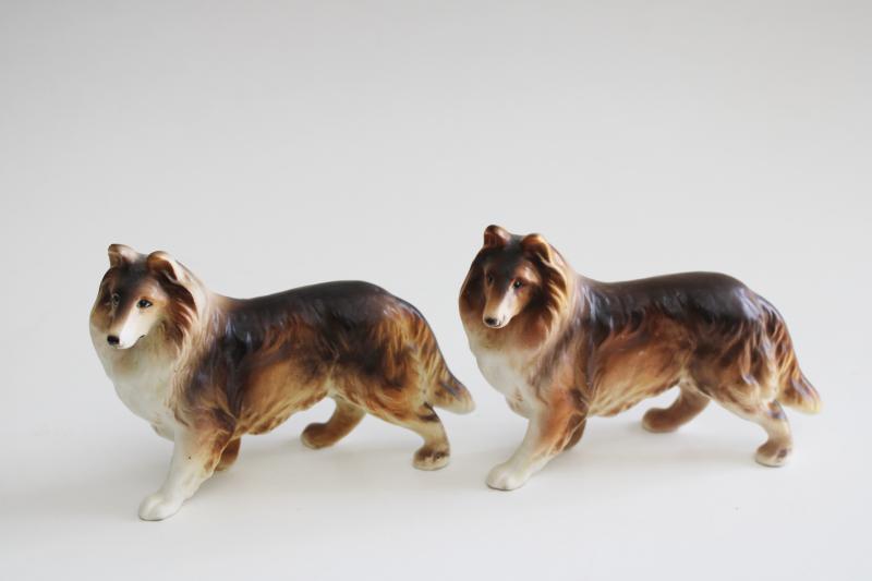 vintage Enesco Japan ceramic collie dog figurines, Lassie dogs hand painted china