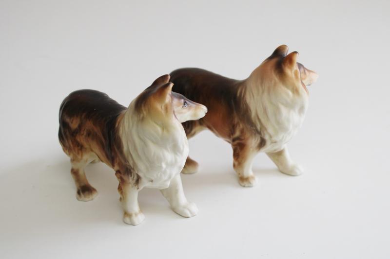 vintage Enesco Japan ceramic collie dog figurines, Lassie dogs hand painted china