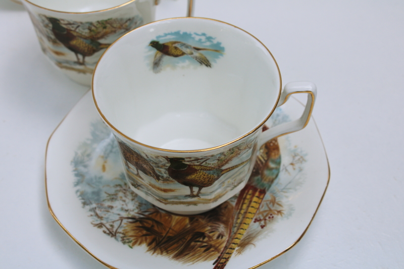 vintage England Rosina Queens fine bone china large cups saucers, pheasants game birds pattern