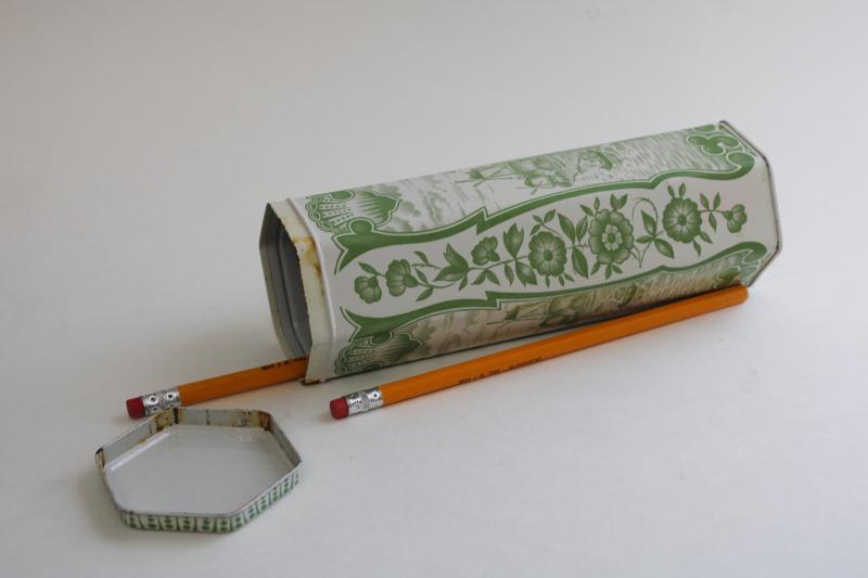 vintage England green & white print metal tea or biscuit tin, pencil box size