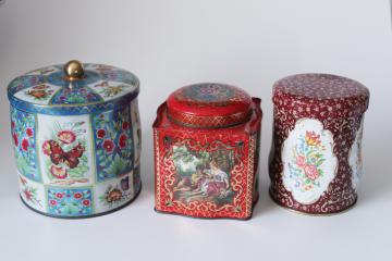 vintage England metal tins w/ bright flowers, butterflies, pastoral scene