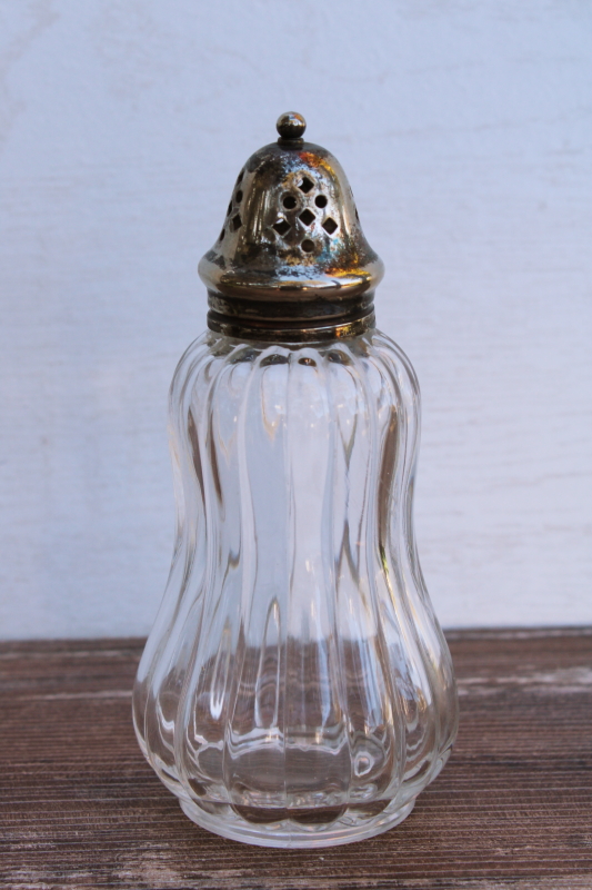 vintage England muffineer, large glass sugar shaker w/ silver plated lid