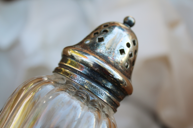 vintage England muffineer, large glass sugar shaker w/ silver plated lid