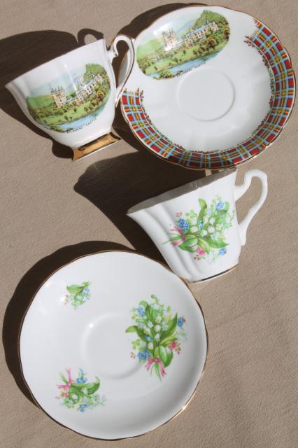 vintage English bone china cups & saucers, lovely flowered teacups