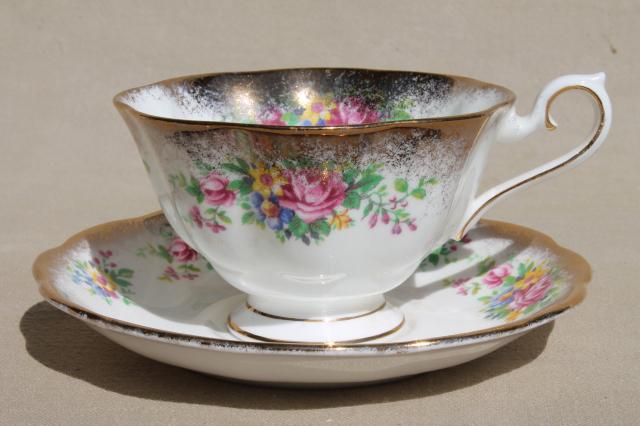 vintage English bone china cups & saucers, lovely flowered teacups