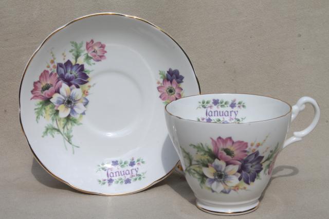 vintage English bone china tea cup & saucer for January birthday snowdrop anemones