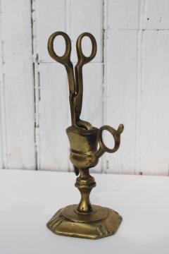 vintage English brass candle snuffer, antique reproduction scissors snuffer w/ stand