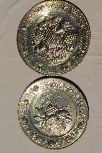 vintage English brass charger plates w/ fruit, hand-wrought solid brass marked England