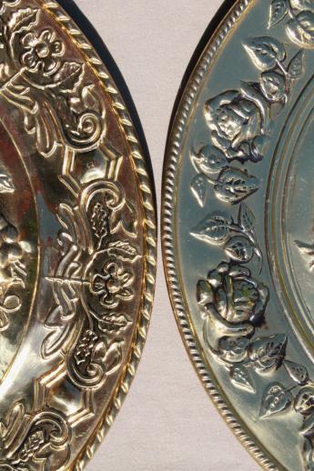 vintage English brass charger plates w/ fruit, hand-wrought solid brass marked England