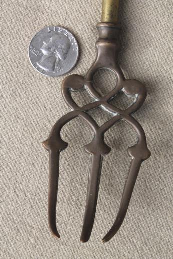 vintage English brass toasting fork, long handled fork for making toast
