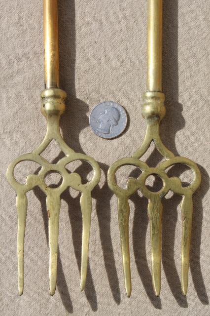 vintage English brass toasting forks, long handled forks w/ character handles