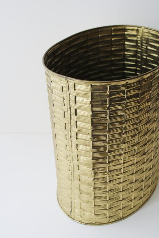 vintage English brass wastebasket, basket weave texture wrought brass England