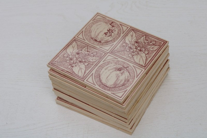 vintage English ceramic tiles, 1980s reproduction antique tile design apple & blossom red & white