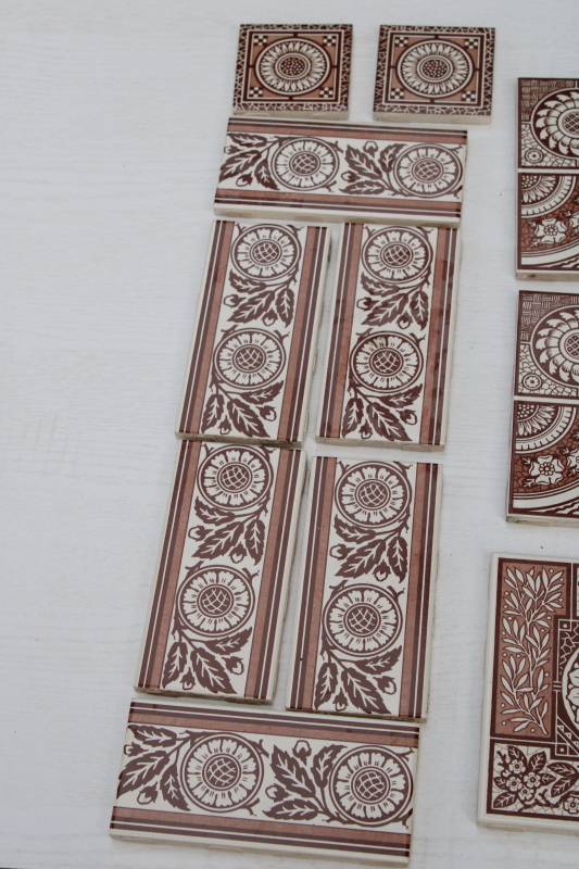 vintage English ceramic tiles, antique reproduction William Morris style designs brown & white
