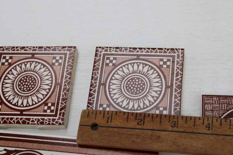 vintage English ceramic tiles, antique reproduction William Morris style designs brown & white