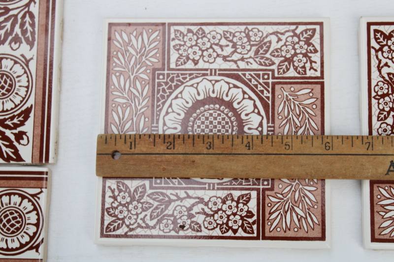 vintage English ceramic tiles, antique reproduction William Morris style designs brown & white