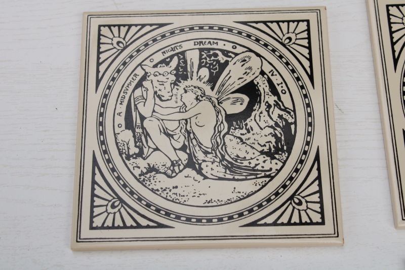 vintage English ceramic tiles, reproduction antique Minton tile John Moyer Smith Shakespeare scenes black & white