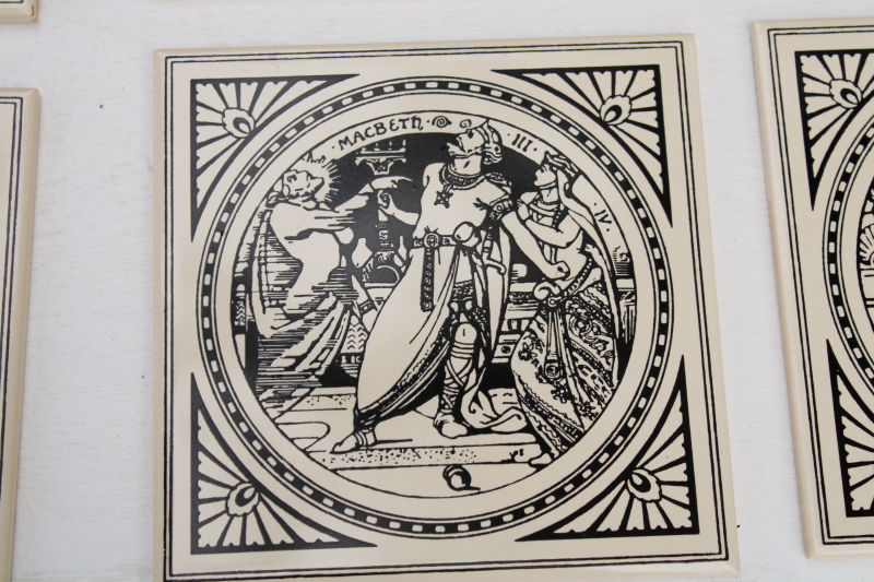 vintage English ceramic tiles, reproduction antique Minton tile John Moyer Smith Shakespeare scenes black & white