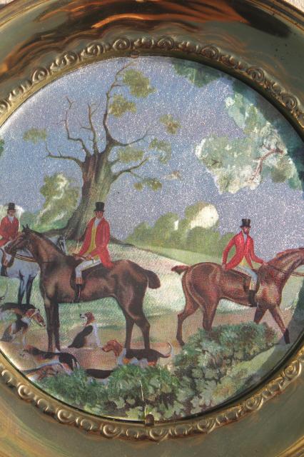 vintage English country hunt scenes, brass wall plaques plate frames w/ color foil pictures