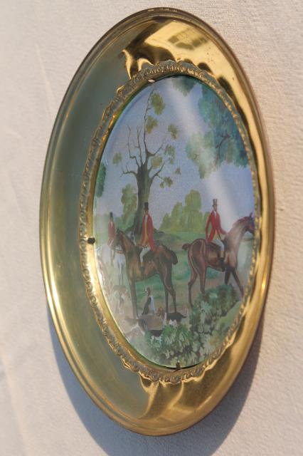 vintage English country hunt scenes, brass wall plaques plate frames w/ color foil pictures