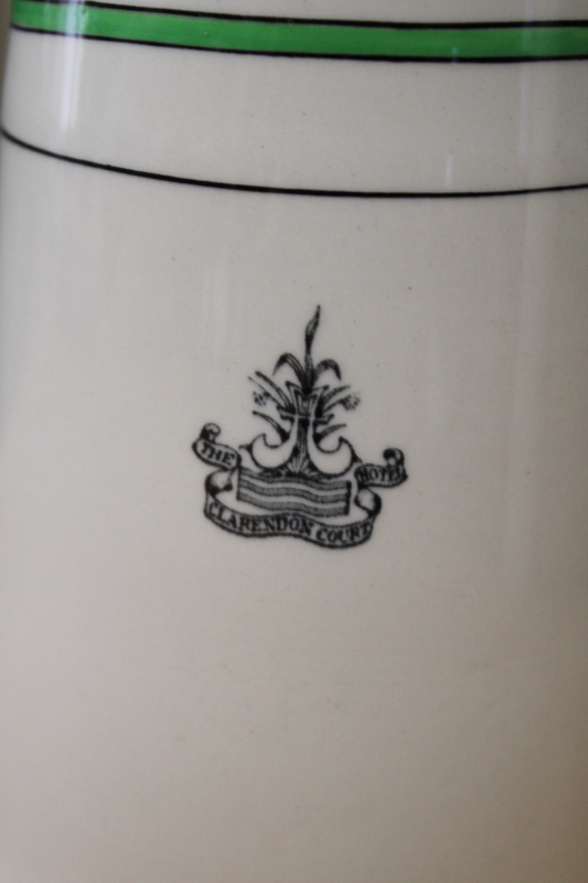 vintage English ironstone china pitcher w/ crest The Clarendon Court Hotel London, green  black band