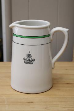vintage English ironstone china pitcher w/ crest The Clarendon Court Hotel London, green  black band