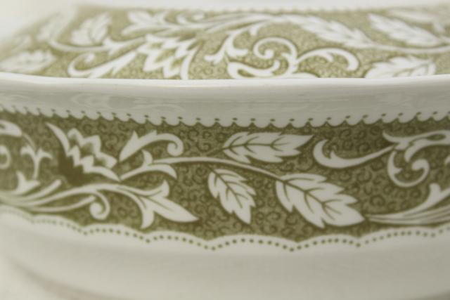 vintage English ironstone covered serving bowl, Renaissance Meakin green transferware 