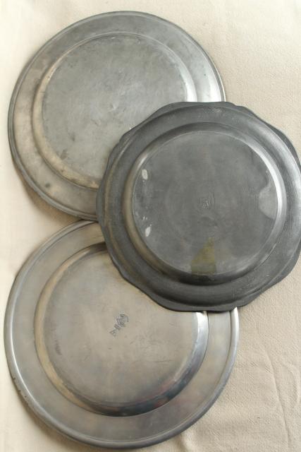 vintage English pewter plates / round trays, old silver color metalware