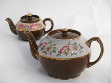 vintage English pottery tea pots big & small, flower band pattern pink & white