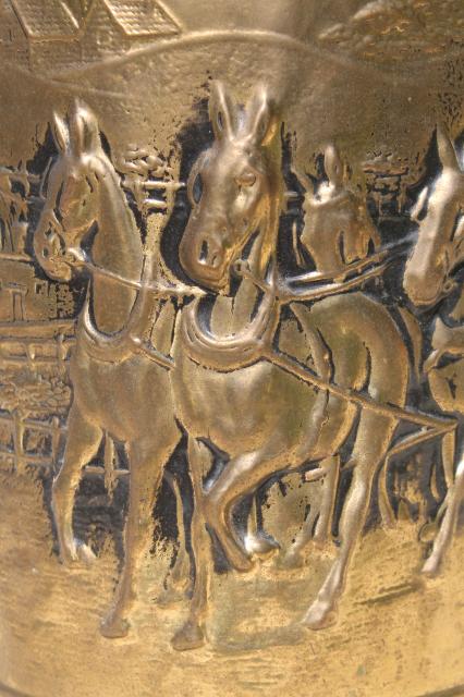 vintage English tooled brass wastebasket, embossed Regency scene coach & horses