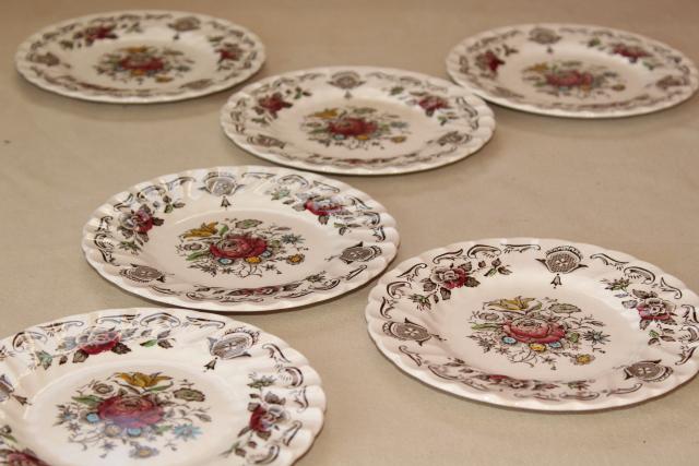 vintage English transferware china plates, Myott's Bouquet multicolored floral