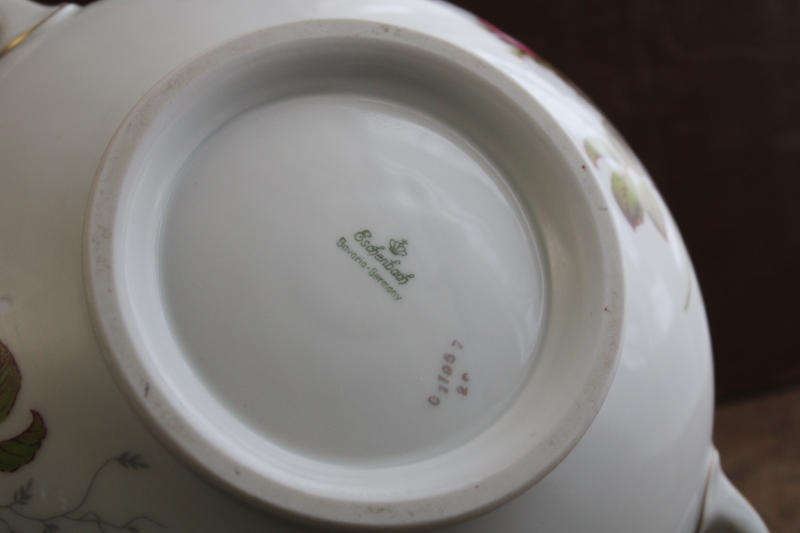 vintage Eschenbach Bavaria porcelain large serving bowl w/ handles, moss rose pink roses china